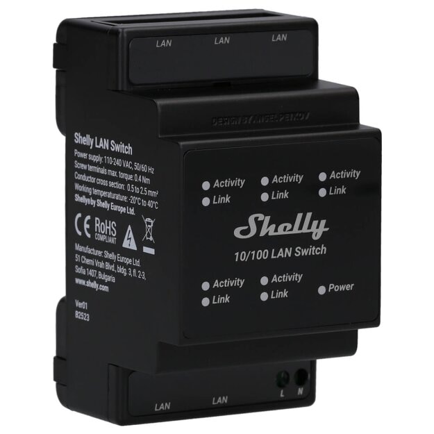 Shelly Ethernet-Switch für DIN-Schiene 5x RJ45 LAN SWITCH – DIN‑Schiene