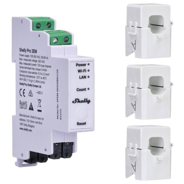 Shelly Stromzähler PRO 3EM-120 1-Kanal WLAN Bluetooth DIN-Schiene - Smart Meter – Wi-Fi • DIN‑Schiene