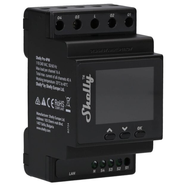 Shelly DIN-Schienen-Schaltmodul 4 Kanäle 1-phasig Verbrauchsmessung 4x16A 110-230V WLAN LAN PRO 4PM – Wi-Fi • Leistungsmessung