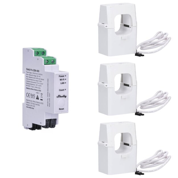Shelly Pro 3EM 400A – 3-Phasen LAN/WLAN Energiemesser inkl. 3x 400A Klemmen - DIN‑Schiene - Hutschiene