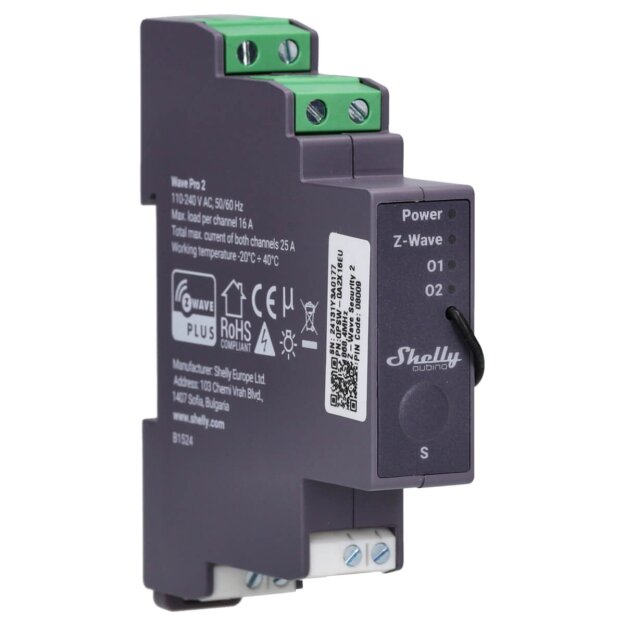 Shelly Schaltermodul auf DIN-Schiene 2x16A Z-Wave WAVE PRO 2 – Z‑Wave • DIN‑Schiene • Relais