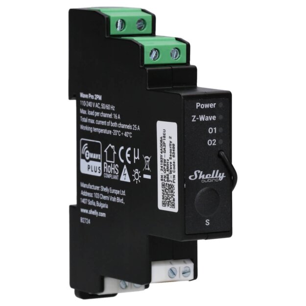 Shelly Schaltermodul auf DIN-Schiene 2x16A Verbrauchsmessung Z-Wave WAVE PRO 2PM – Z‑Wave • DIN‑Schiene • Leistungsmessung • Relais