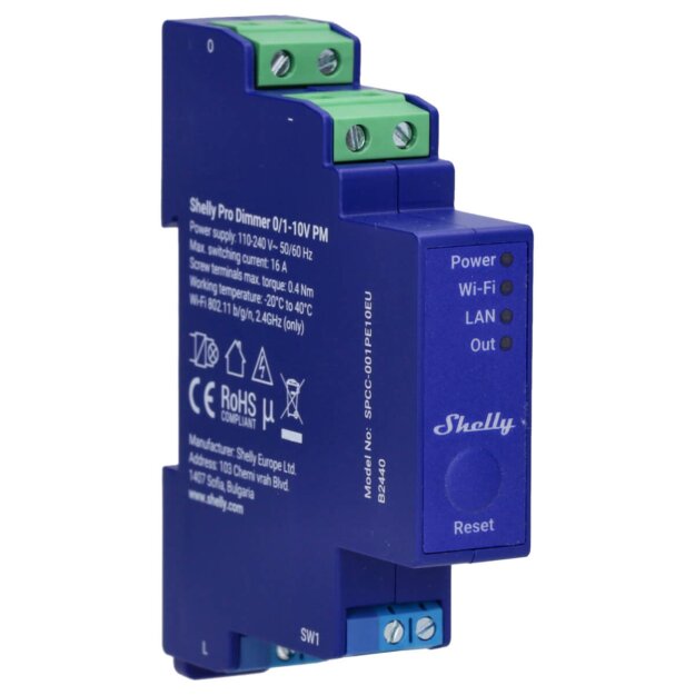 Shelly Dimmermodul auf DIN-Schiene mit Energiemessung WiFi Bluetooth PRO DIMMER 0/1-10V PM – DIN‑Schiene • Leistungsmessung • 0/1‑10V WLAN