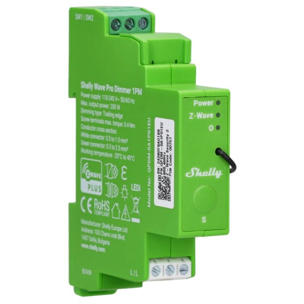 Shelly Dimmermodul auf DIN-Schiene 1-Kanal Z-Wave WAVE PRO DIMMER 1PM – Z‑Wave • DIN‑Schiene • Leistungsmessung