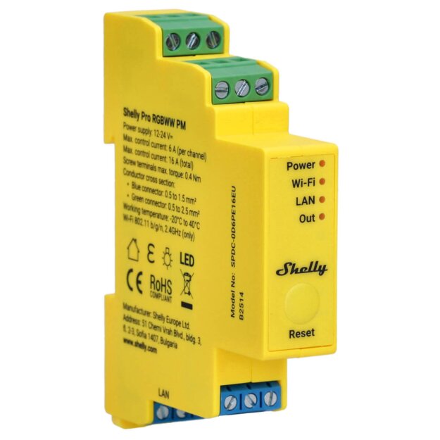 Shelly LED-Streifen-Steuermodul auf DIN-Schiene 12/24V DC WiFi Bluetooth LAN PRO RGBWW PM – DIN‑Schiene • Leistungsmessung WLAN