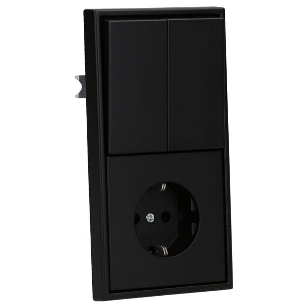 JUNG Serie LS Komplett-Set Graphitschwarz Matt: 505U Wippschalter Serien + LS1520KISWM SCHUKO Steckdose mit Berührungsschutz + LS995SWM Wippe + LS982SWM Rahmen 2fach