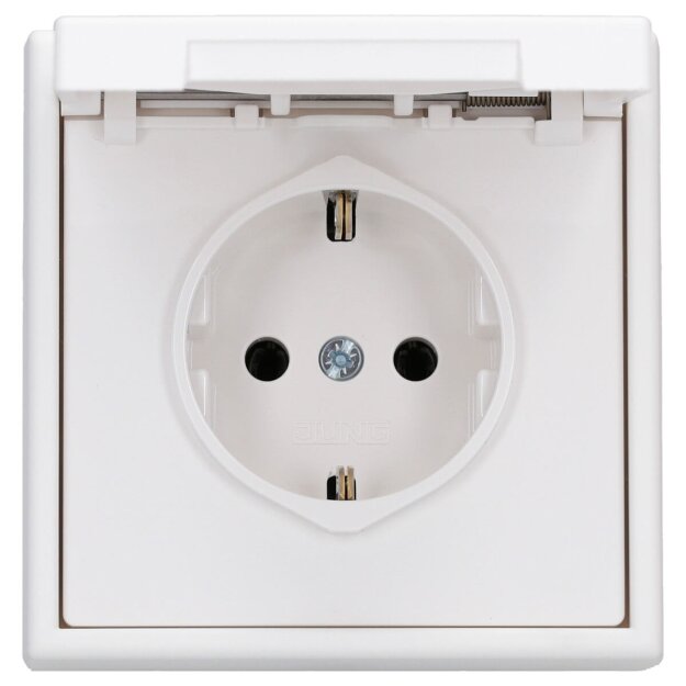 JUNG LS IP 44 Set Schneeweiß Matt: LS1521KLWWM Schuko Steckdose m. Klappdeckel + 551WU Dichtungsflansch + LS981WWM Rahmen 1fach