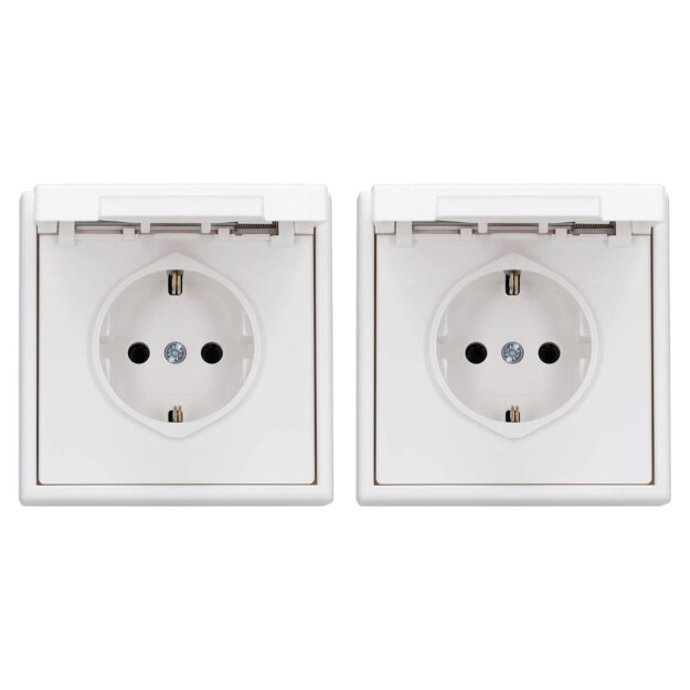 JUNG LS IP 44 Set Schneeweiß Matt: 2x LS1521KLWWM Schuko Steckdose m. Klappdeckel + 2x 551WU Dichtungsflansch + 2x LS981WWM Rahmen 1fach