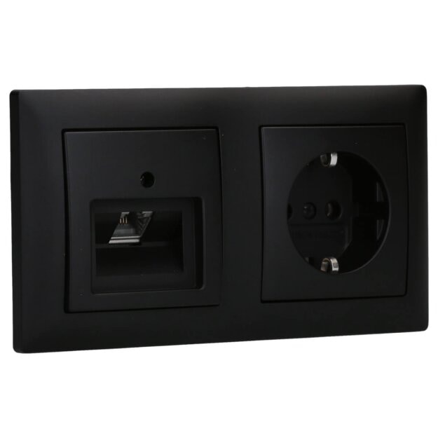 Busch-Jaeger Busch-balance SI Set: Rutenbeck Netzwerkdose flex 136104030 mit Zentralscheibe + 20 EUC-915 SCHUKO® Steckdosen-Einsatz + 1722-915 2-fach Rahmen Schwarz Matt