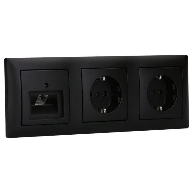 Busch-Jaeger Busch-balance SI Set: Rutenbeck Netzwerkdose flex 136104030 mit Zentralscheibe + 2x 20 EUC-915 SCHUKO® Steckdosen-Einsatz + 1723-915 3-fach Rahmen Schwarz Matt