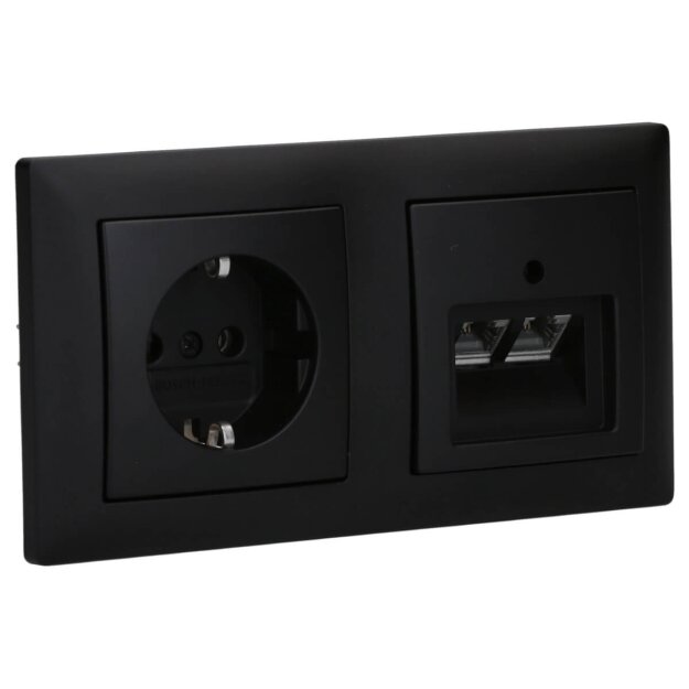 Busch-Jaeger Busch-balance SI Set: Rutenbeck Netzwerkdose 136104070 UAE-Cat.6A iso-8/8 Up 0 mit Zentralscheibe 2-fach + 20 EUC-915 Steckdose + 1722-915 2-fach Rahmen Schwarz Matt