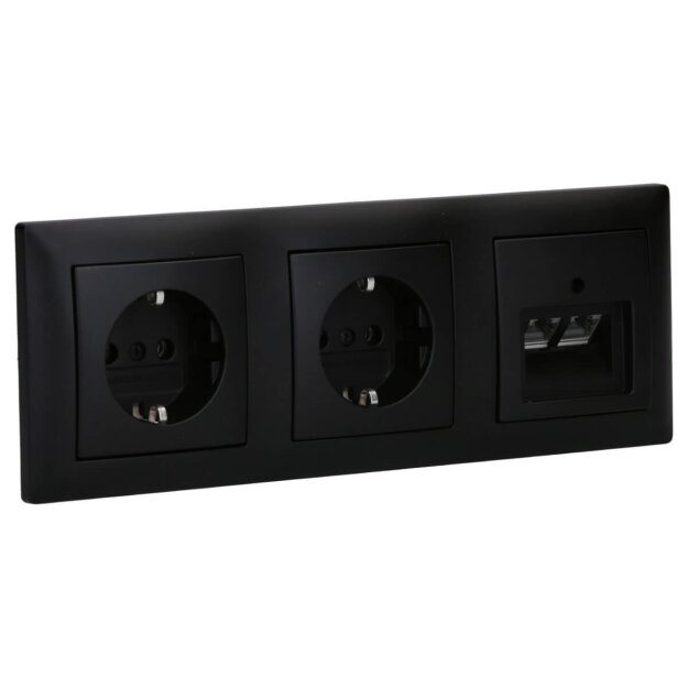 Busch-Jaeger Busch-balance SI Set: Rutenbeck Netzwerkdose 136104070 UAE-Cat.6A iso-8/8 Up 0 mit Zentralscheibe 2-fach + 2x 20 EUC-915 Steckdose + 1723-915 3-fach Rahmen Schwarz Matt