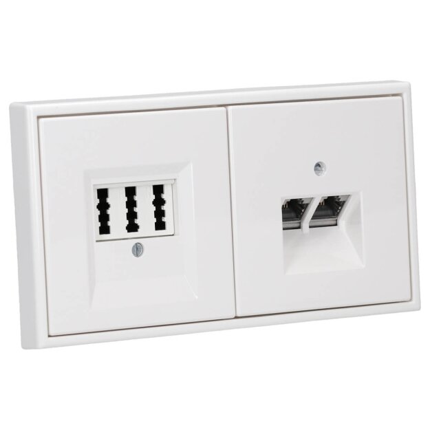 JUNG Serie LS Komplett-Set Schneeweiß Matt: Cat.6A iso-Anschlussdose UAE-Cat.6A iso-8/8 Up 0 + LS969-2UAWWM Abdeckung f. IAE/UAE-Anschlussdose + TAE-Anschlussdose TAE 3x6 NFN Up 0 rw + LS969TWWM Abdeckung f. TAE-Anschlussdose + LS982WWM Rahmen 2fach