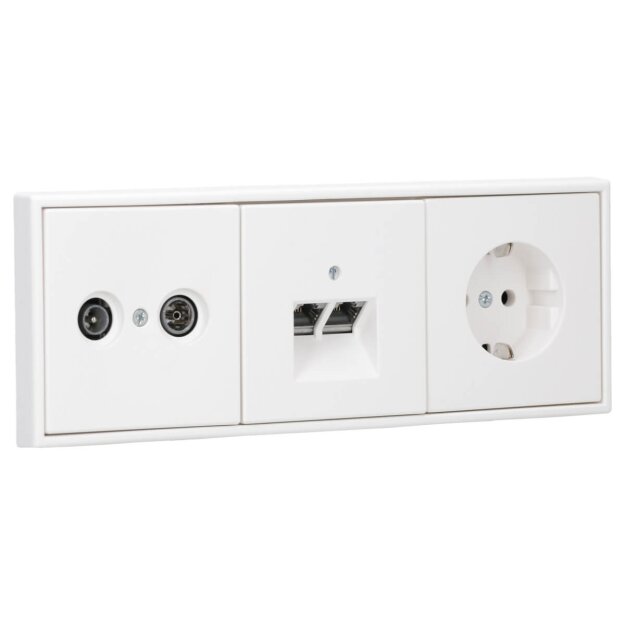 JUNG Serie LS Komplett-Set Schneeweiß Matt: Antennensteckdose EDU 04 F + LS990TVWWM Abdeckung + Cat.6A iso-Anschlussdose + LS969-2UAWWM Abdeckung + LS1520WWM SCHUKO Steckdose + LS983WWM Rahmen 3fach