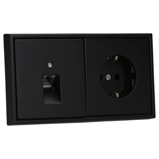 JUNG Serie LS Komplett-Set Graphitschwarz Matt: Cat.6A iso-Anschlussdose UAE-Cat.6A iso-8 Up 0 + LS969-1UASWM Abdeckung f. IAE/UAE-Anschlussdose + LS1520SWM Schuko Steckdose + LS982SWM Rahmen 2fach