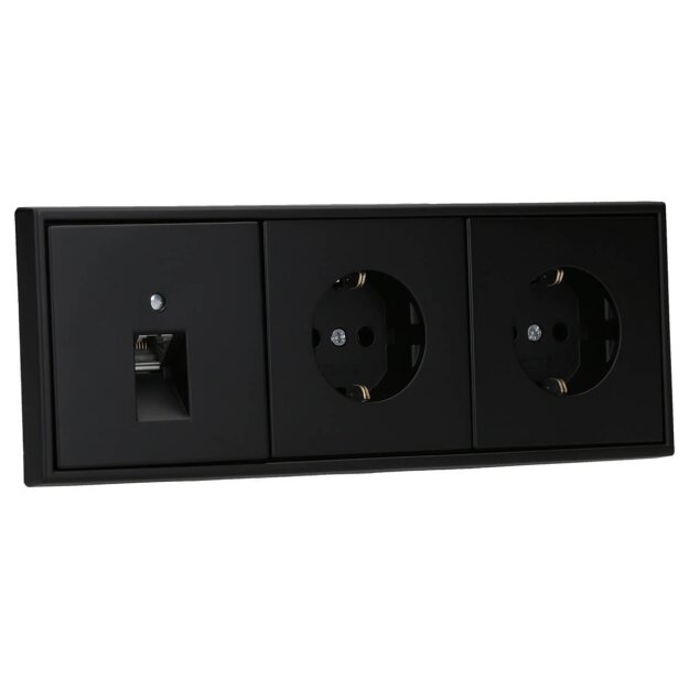 JUNG Serie LS Komplett-Set Graphitschwarz Matt: Cat.6A iso-Anschlussdose UAE-Cat.6A iso-8 Up 0 + LS969-1UASWM Abdeckung f. IAE/UAE-Anschlussdose + 2x LS1520SWM Schuko Steckdose + LS983SWM Rahmen 3fach