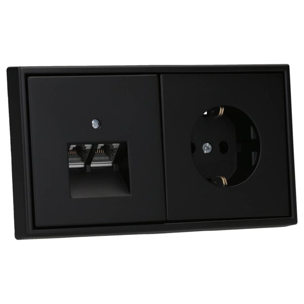 JUNG Serie LS Komplett-Set Graphitschwarz Matt: Cat.6A iso-Anschlussdose UAE-Cat.6A iso-8/8 Up 0 + LS969-2UASWM Abdeckung f. IAE/UAE-Anschlussdose + LS1520SWM Schuko Steckdose + LS982SWM Rahmen 2fach