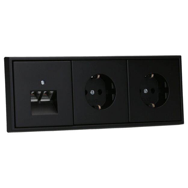 JUNG Serie LS Komplett-Set Graphitschwarz Matt: Cat.6A iso-Anschlussdose UAE-Cat.6A iso-8/8 Up 0 + LS969-2UASWM Abdeckung f. IAE/UAE-Anschlussdose + 2x LS1520SWM Schuko Steckdose + LS983SWM Rahmen 3fach