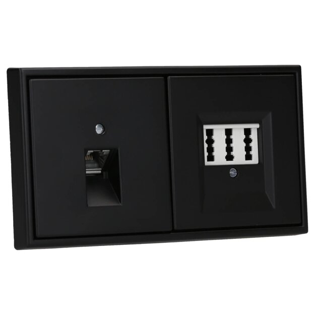 JUNG Serie LS Komplett-Set Graphitschwarz Matt: Cat.6A iso-Anschlussdose UAE-Cat.6A iso-8 Up 0 + LS969-1UASWM Abdeckung + TAE-Anschlussdose TAE 3x6 NFN Up 0 rw + LS969TSWM Abdeckung + LS982SWM Rahmen 2fach