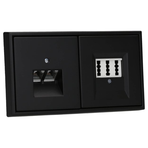 JUNG Serie LS Komplett-Set Graphitschwarz Matt: Cat.6A iso-Anschlussdose UAE-Cat.6A iso-8/8 Up 0 + LS969-2UASWM Abdeckung + TAE-Anschlussdose TAE 3x6 NFN Up 0 rw + LS969TSWM Abdeckung + LS982SWM Rahmen 2fach