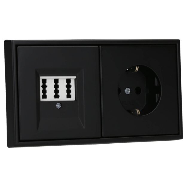 JUNG Serie LS Komplett-Set Graphitschwarz Matt: TAE-Anschlussdose TAE 3x6 NFN Up 0 rw + LS969TSWM Abdeckung f. TAE-Anschlussdose + LS1520SWM Schuko Steckdose + LS982SWM Rahmen 2fach