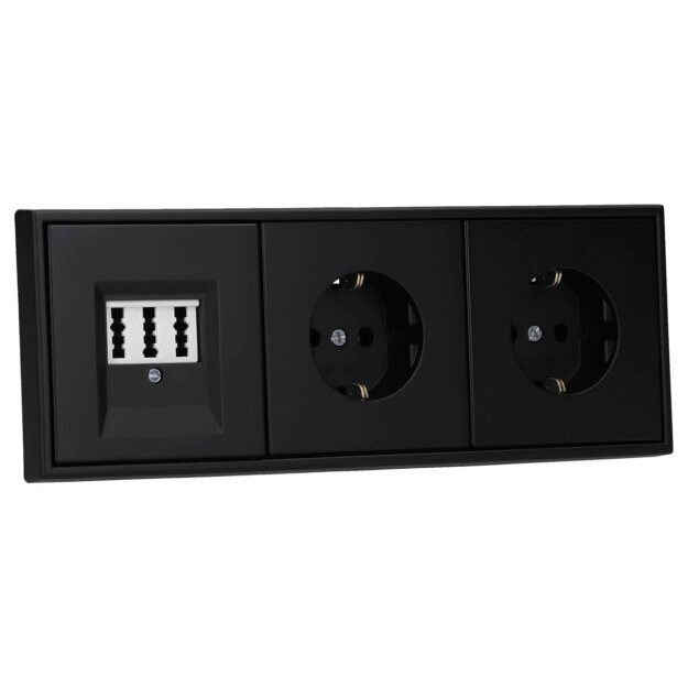 JUNG Serie LS Komplett-Set Graphitschwarz Matt: TAE-Anschlussdose TAE 3x6 NFN Up 0 rw + LS969TSWM Abdeckung f. TAE-Anschlussdose + 2x LS1520SWM Schuko Steckdose + LS983SWM Rahmen 3fach