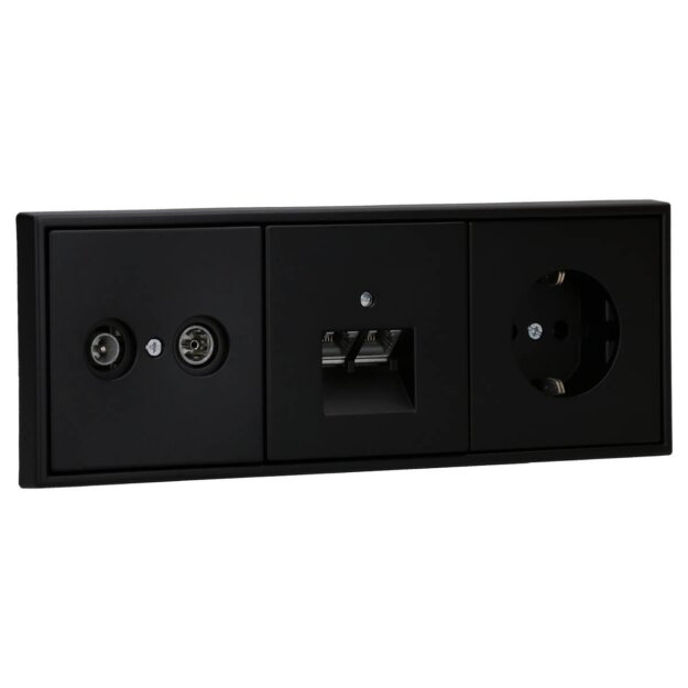 JUNG Serie LS Komplett-Set Graphitschwarz Matt: Antennensteckdose EDU 04 F + LS990TVSWM Abdeckung + Cat.6A UAE-Cat.6A iso-8/8 Up 0 + LS969-2UASWM Abdeckung + LS1520SWM Schuko Steckdose + LS983SWM Rahmen 3fach