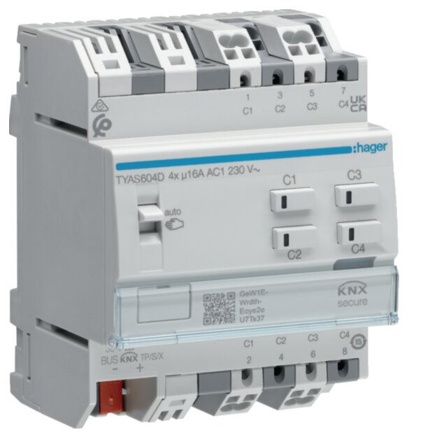 Hager TYAS604D Schalt-/ Jalousieaktor 4/2f KNX Sec 16A C-Last