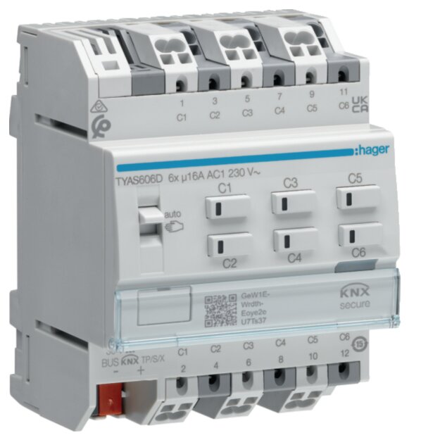 Hager TYAS606D Schalt-/ Jalousieaktor 6/3f KNX Sec 16A C-Last
