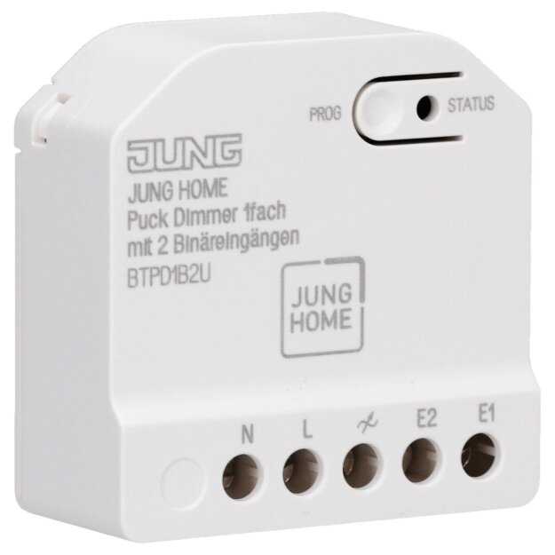 JUNG HOME Puck Dimmer 1fach BTPD1B2U – für dimmbare Beleuchtung, LED-Universal-Dimmer, Bluetooth Mesh, 2 Binäreingänge
