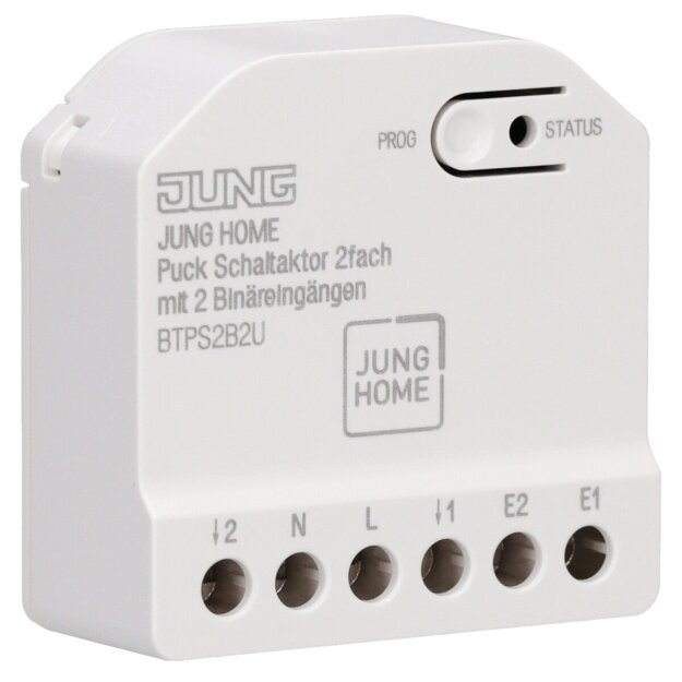 JUNG HOME Puck Schaltaktor 2fach BTPS2B2U – für 2 Beleuchtungen & elektrische Verbraucher, Bluetooth Mesh, 2 Schaltkanäle, 2 Binäreingänge