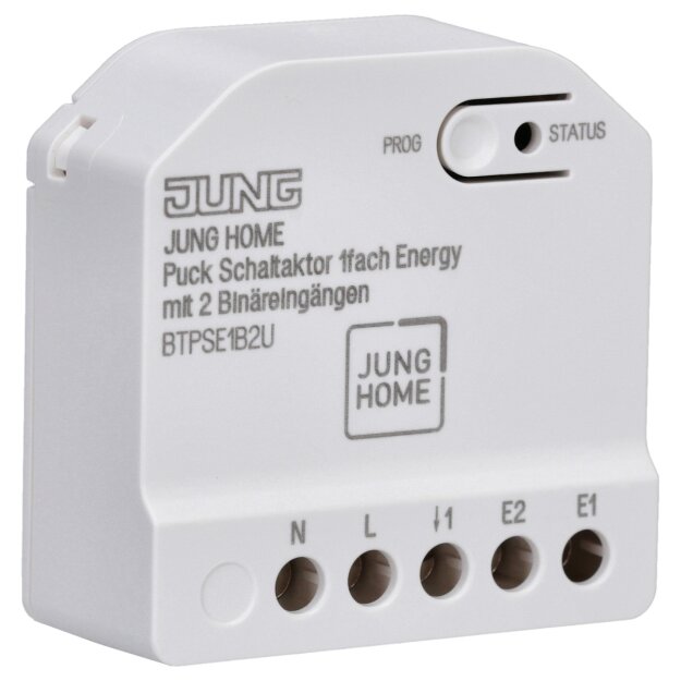 JUNG HOME Puck Schaltaktor Energy 1fach BTPSE1B2U – für Beleuchtung & elektrische Verbraucher, Energiemessung, Bluetooth Mesh, 2 Binäreingänge
