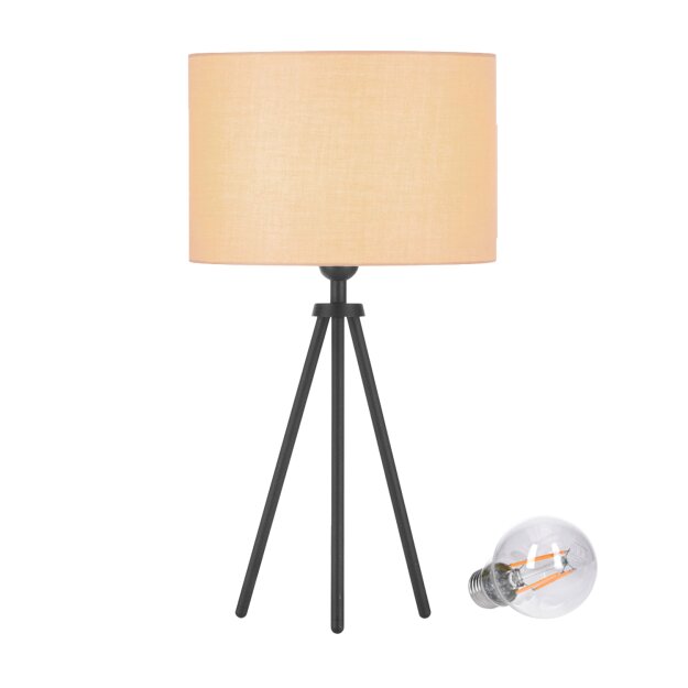 SLV Set Tischleuchte FENDA 155540 Tischleuchtenfuß FENDA E27 Mattschwarz 1005303 A60 E27 LED Leuchtmittel Transparent 7,5W 2700K 155583 Schirm FENDA Beige