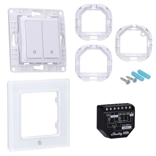 Shelly Set Zweifach-Schalter Wall Switch 2 White + Wall Frame 1 White + 2PM Gen3 – Smarte Schalterkombination