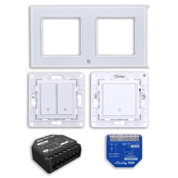 Shelly Set 2er Rahmen + Schalter Wall Switch 2 White + Wall Switch 1 White + Wall Frame 2 White + 2PM Gen3 + 1 Gen4