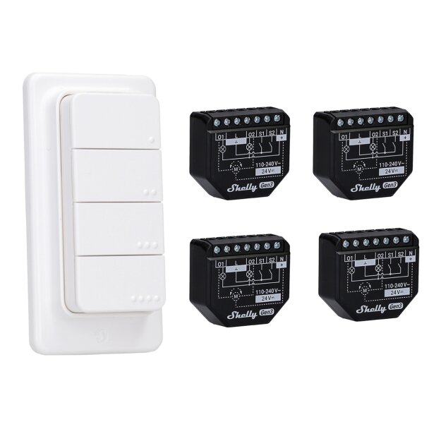 Shelly Set Rollladen- und Jalousiensteuerung BLU RC Button 4 + 4 Stück 2PM Gen3 – Smarte Steuerung mit Leistungsmessung für Licht, Geräte und Szenen