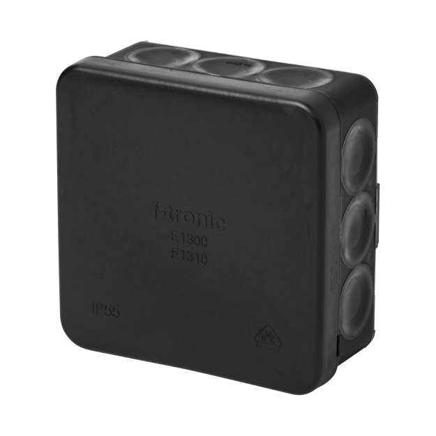 F-Tronic 7340479 FR Abzweigkasten 85x85x37mm IP55 sw/sw o. Laschen m. Durchstoßmembran E1310sw Schwarz