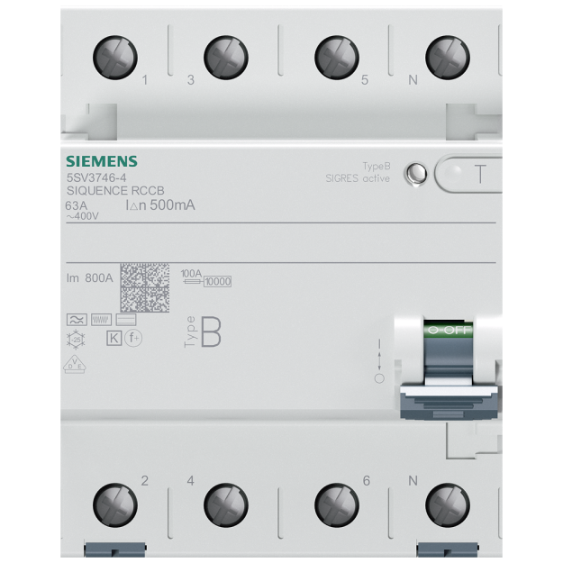 Siemens 5SV37464 FI-Schutzschalter 4-polig Typ B kurzzeitverzögert In: 63 A 500 mA