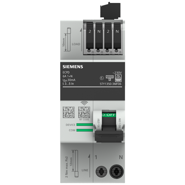 Siemens 5TY13503MF06 ECPD mit Mess-/Kommunikationsfunktion RCD Typ F 30mA In: 6A 230V AC 75kA 1+N