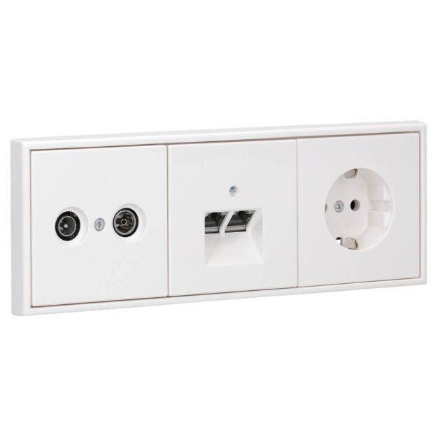 Jung Serie LS Komplett-Set Alpinweiß: Antennensteckdose EDU 04 F + LS990TVWW Abdeckung f. SAT-TV + Cat.6A iso-Anschlussdose + Abdeckung f. IAE/UAE + SCHUKO Steckdose + LS983WW Rahmen 3-fach