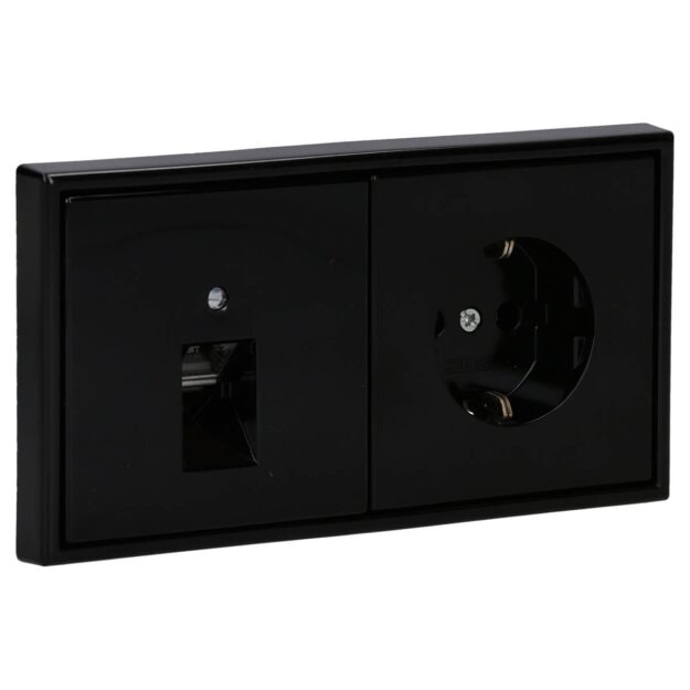 Jung Serie LS Komplett-Set Schwarz: Cat.6A iso-Anschlussdose + LS969-1UASW Abdeckung f. IAE/UAE-Anschlussdose + LS1520SW SCHUKO Steckdose + LS982SW Rahmen 2-fach