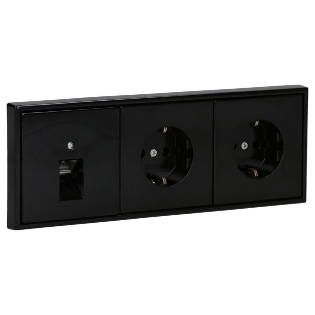 Jung Serie LS Komplett-Set Schwarz: Cat.6A iso-Anschlussdose + LS969-1UASW Abdeckung f. IAE/UAE-Anschlussdose + 2x LS1520SW SCHUKO Steckdose + LS983SW Rahmen 3-fach