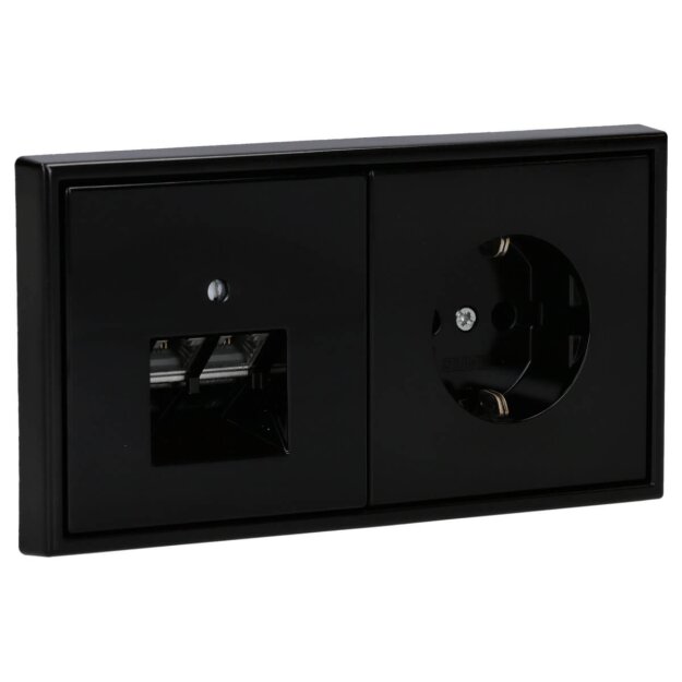 Jung Serie LS Komplett-Set Schwarz: Cat.6A iso-Anschlussdose 2-fach + LS969-2UASW Abdeckung f. IAE/UAE-Anschlussdose + LS1520SW SCHUKO Steckdose + LS982SW Rahmen 2-fach