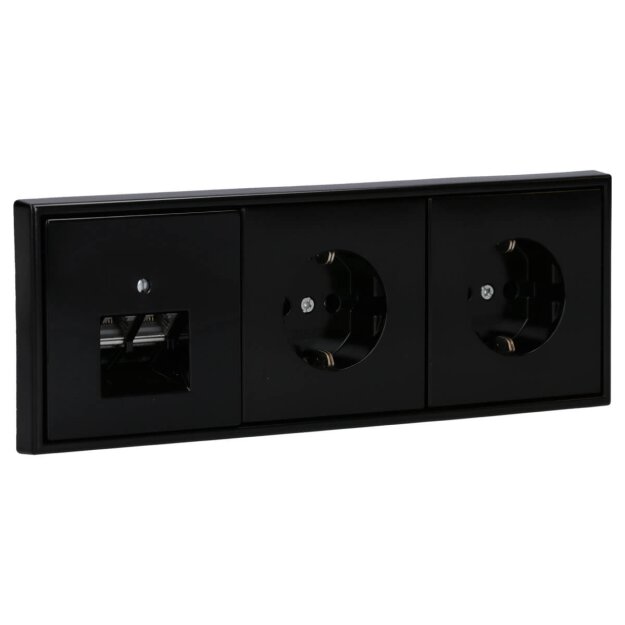 Jung Serie LS Komplett-Set Schwarz: Cat.6A iso-Anschlussdose 2-fach + LS969-2UASW Abdeckung f. IAE/UAE-Anschlussdose + 2x LS1520SW SCHUKO Steckdose + LS983SW Rahmen 3-fach