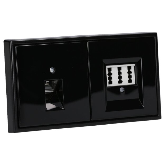 Jung Serie LS Komplett-Set Schwarz: Cat.6A iso-Anschlussdose + LS969-1UASW Abdeckung + TAE-Anschlussdose TAE 3x6 NFN Up 0 rw + LS969TSW Abdeckung + LS982SW Rahmen 2-fach