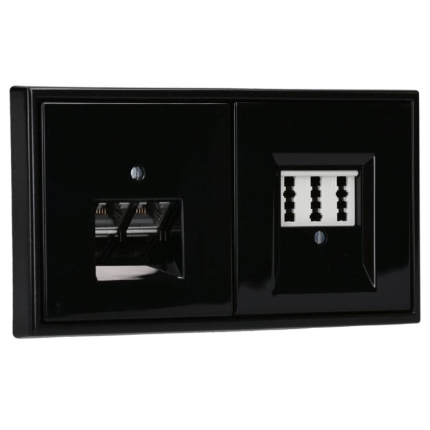 Jung Serie LS Komplett-Set Schwarz: Cat.6A iso-Anschlussdose 2-fach + LS969-2UASW Abdeckung + TAE-Anschlussdose TAE 3x6 NFN Up 0 rw + LS969TSW Abdeckung + LS982SW Rahmen 2-fach