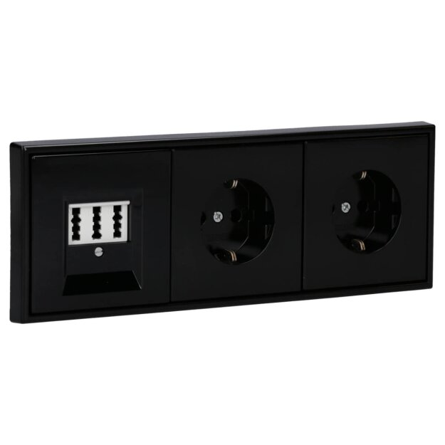 Jung Serie LS Komplett-Set Schwarz: TAE-Anschlussdose TAE 3x6 NFN Up 0 rw + LS969TSW Abdeckung f. TAE-Anschlussdose + 2x LS1520SW SCHUKO Steckdose + LS983SW Rahmen 3-fach
