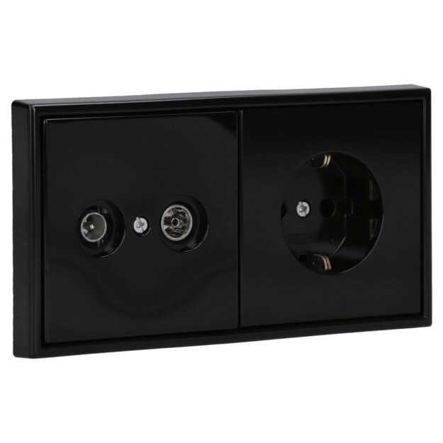 Jung Serie LS Komplett-Set Schwarz: Antennensteckdose EDU 04 F + LS990TVSW Abdeckung f. Antennen-Steckdose + LS1520SW SCHUKO Steckdose + LS982SW Rahmen 2-fach Schwarz