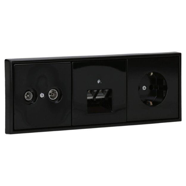 Jung Serie LS Komplett-Set Schwarz: Antennensteckdose EDU 04 F + LS990TVSW Abdeckung + Cat.6A iso-Anschlussdose 2-fach + LS969-2UASW Abdeckung + LS1520SW SCHUKO + LS983SW Rahmen 3-fach