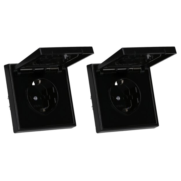 JUNG LS IP 44 Set Schwarz: 2x LS1520KLSW SCHUKO Steckdose m.Klappdeckel + 2x 551WU Dichtungsflansch + 2x LS981SW Rahmen 1-fach